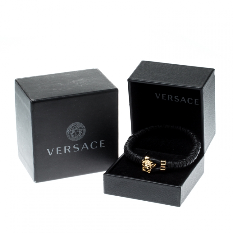 Pre Owned Versace Medusa Black Woven Leather Gold Tone Bracelet
