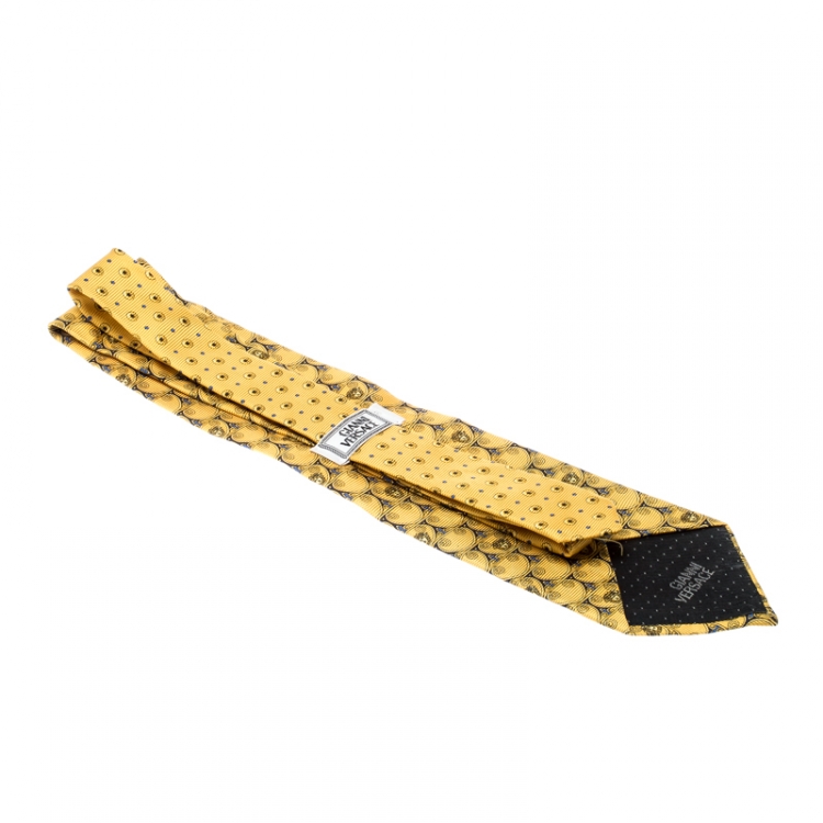 Pre Owned Gianni Versace Vintage Yellow Logo and Floral Patterned Silk Jacquard Tie