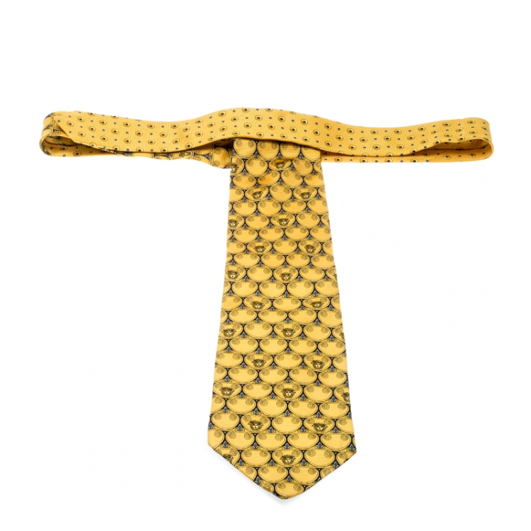 Pre Owned Gianni Versace Vintage Yellow Logo and Floral Patterned Silk Jacquard Tie