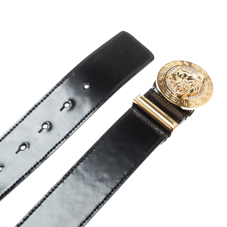 Pre Owned Versace Black Leather Medusa Buckle Belt 90CM
