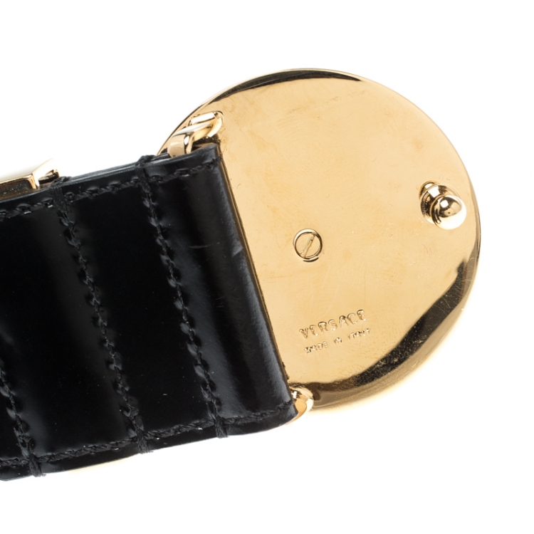 Pre Owned Versace Black Leather Medusa Buckle Belt 90CM