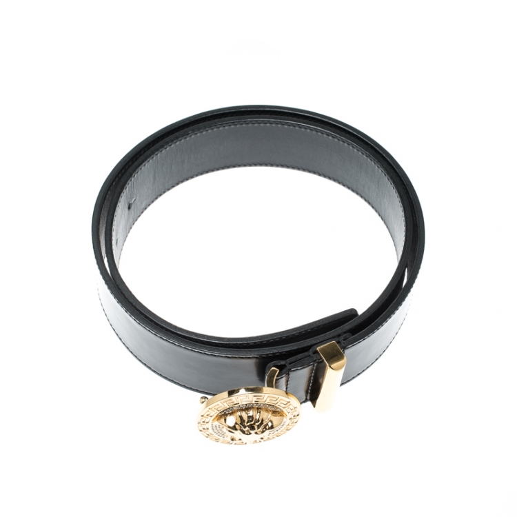 Pre Owned Versace Black Leather Medusa Buckle Belt 90CM