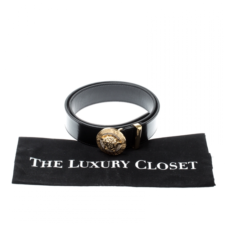 Pre Owned Versace Black Leather Medusa Buckle Belt 90CM