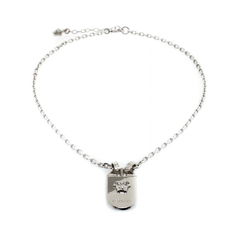 Pre Owned Versace Medusa Silver Tone Tag Pendant Necklace
