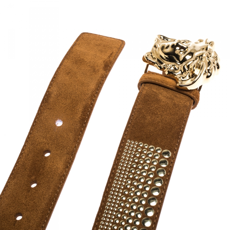 Pre Owned Versace Brown Studded Suede Medusa Belt 105CM