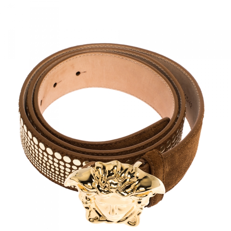 Pre Owned Versace Brown Studded Suede Medusa Belt 105CM