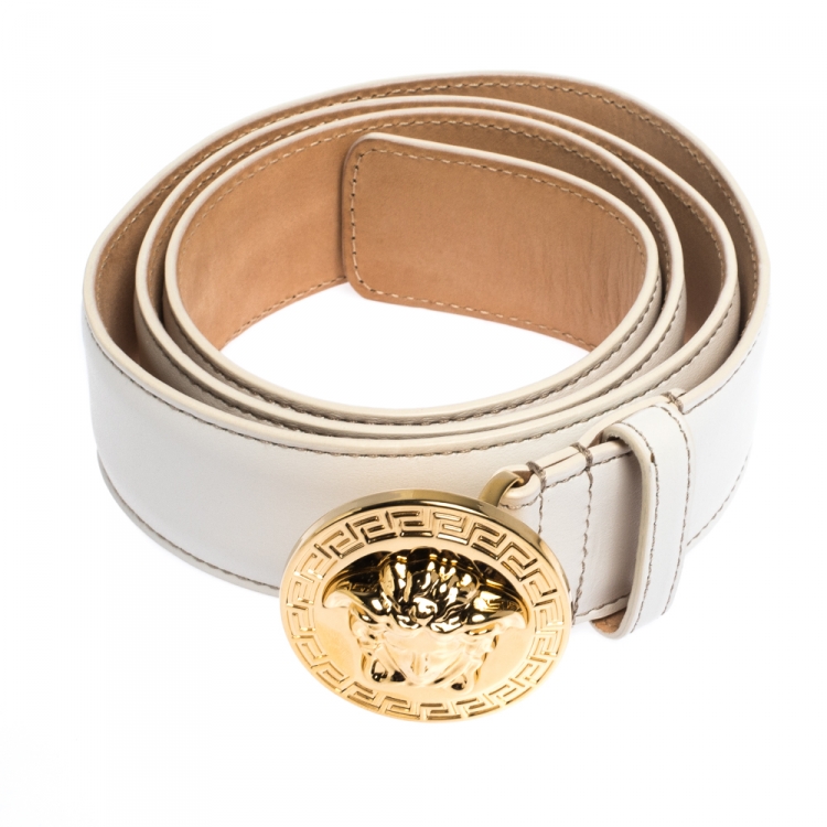 Pre Owned Versace White Leather Medusa Belt 105CM