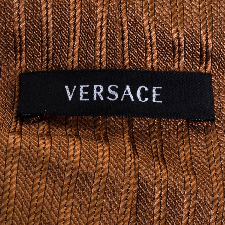 Pre Owned Versace Brown Medusa & Floral Motif Stripe Silk Tie