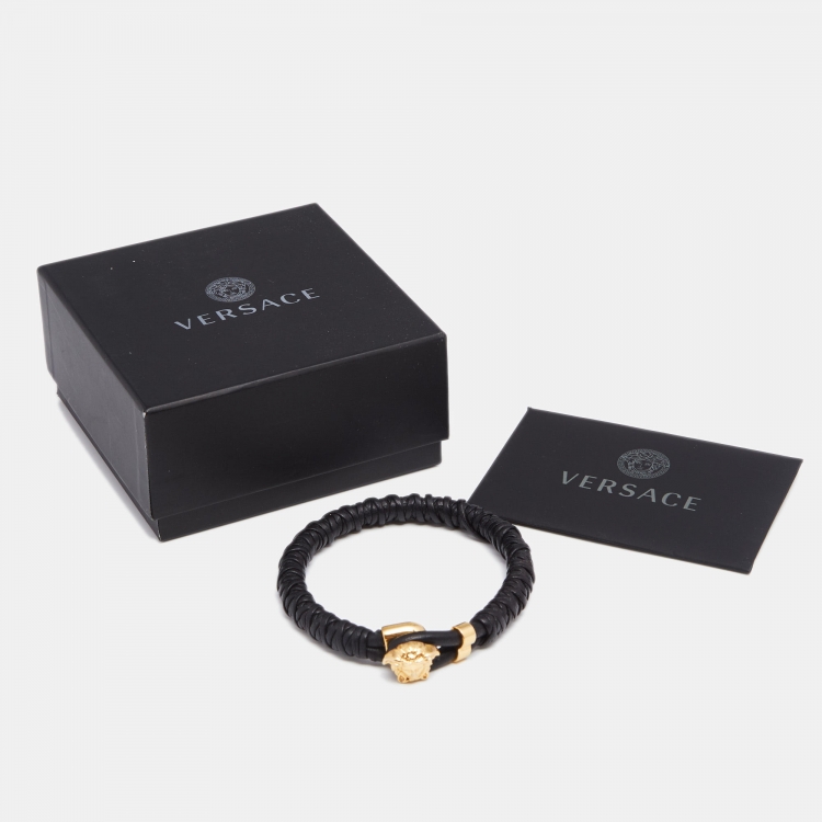 Pre Owned Versace Black Braided Leather Medusa Gold Tone Bracelet