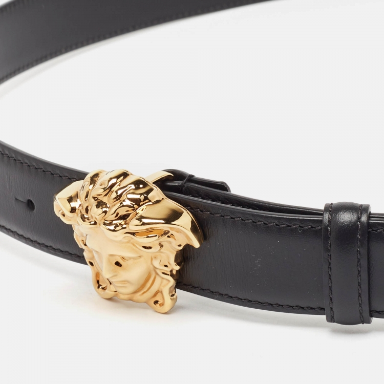 Pre Owned Versace Black Leather La Medusa Buckle Belt 100CM