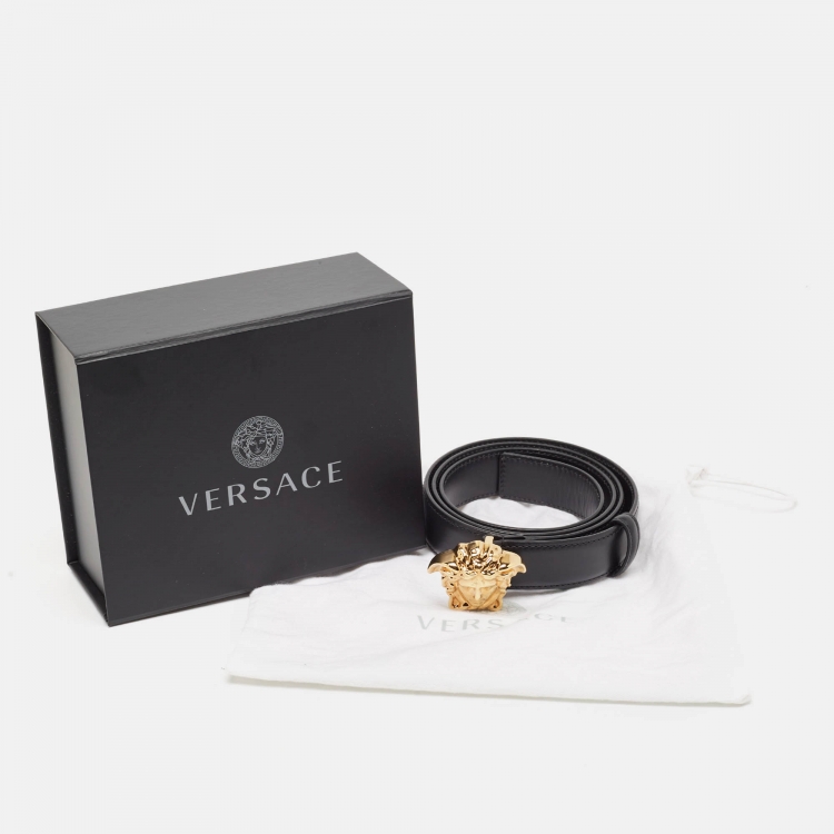 Pre Owned Versace Black Leather La Medusa Buckle Belt 100CM