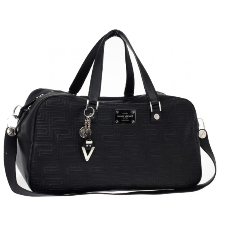 Pre Owned Versace Black Leather Trapuntato Duffle Travel Bag