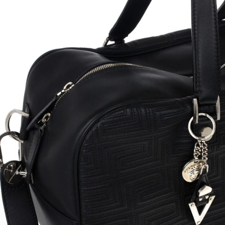 Pre Owned Versace Black Leather Trapuntato Duffle Travel Bag