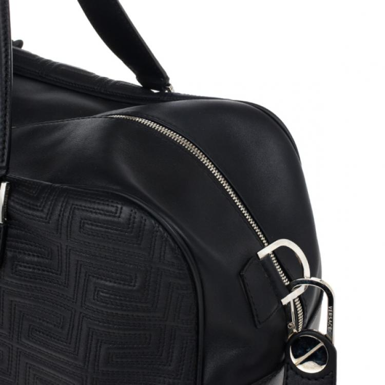 Pre Owned Versace Black Leather Trapuntato Duffle Travel Bag