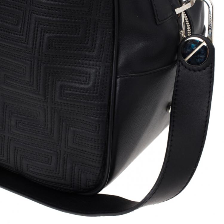 Pre Owned Versace Black Leather Trapuntato Duffle Travel Bag