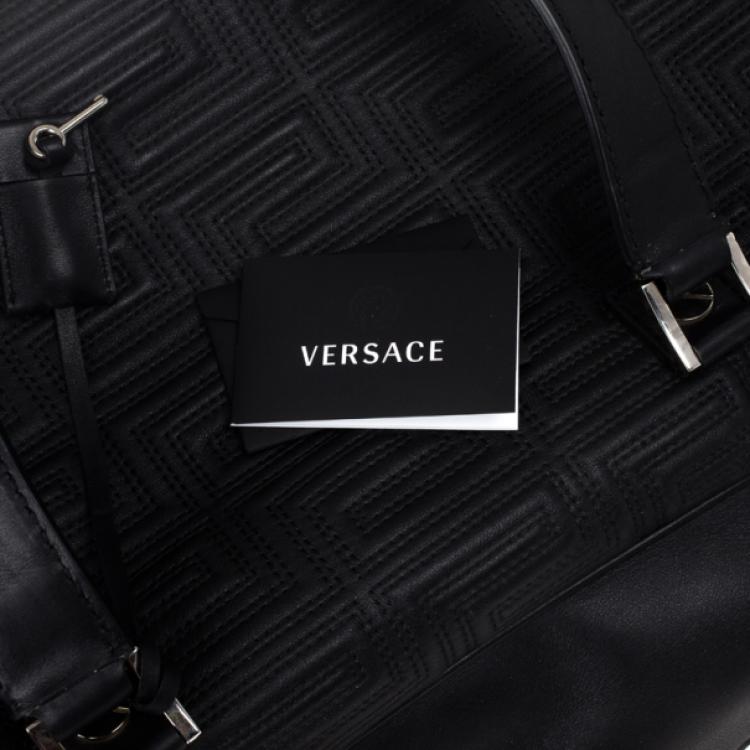 Pre Owned Versace Black Leather Trapuntato Duffle Travel Bag