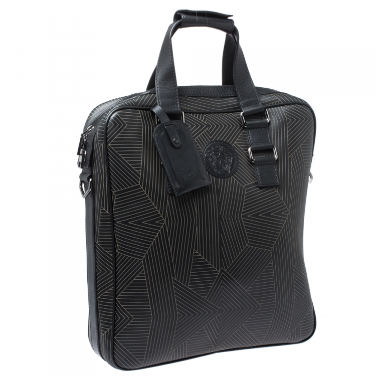 Pre Owned Versace Black Leather Medusa Vertical Briefcase Tote
