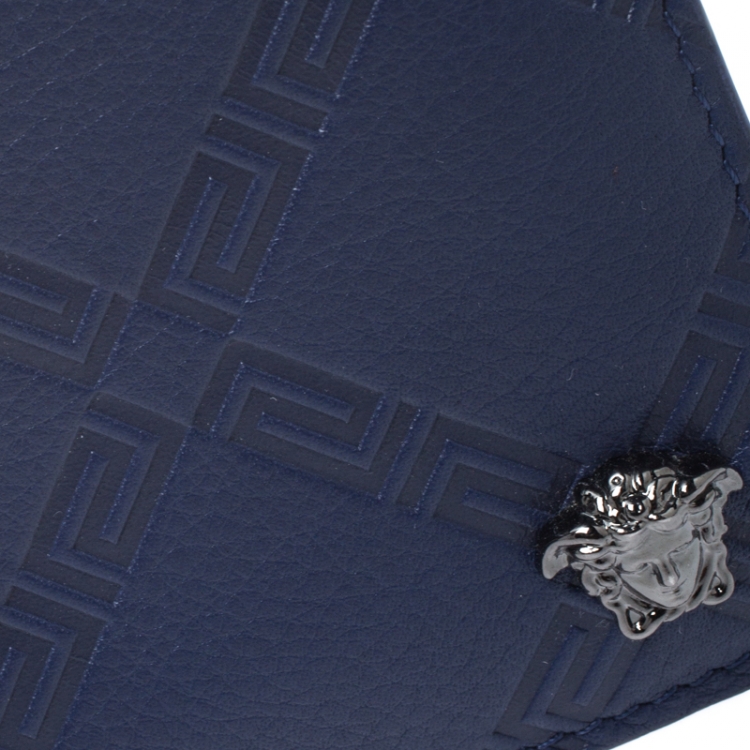 Pre Owned Versace Blue Greca Embossed Leather Bifold Wallet