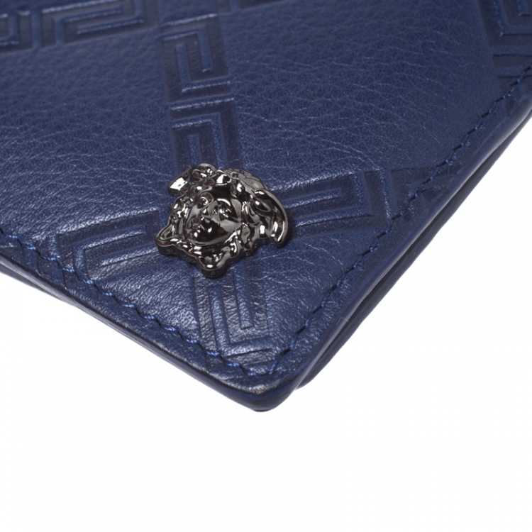 Pre Owned Versace Blue Greca Embossed Leather Bifold Wallet
