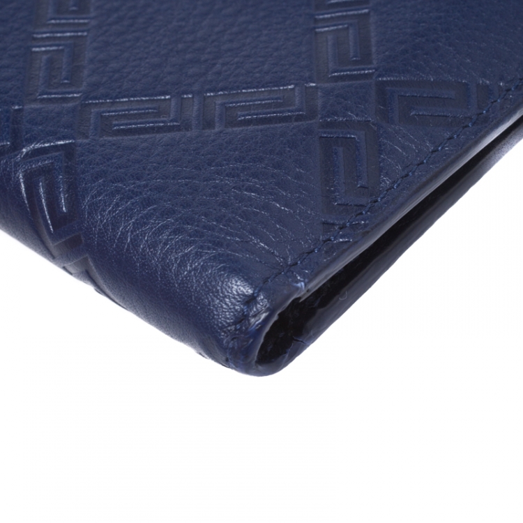 Pre Owned Versace Blue Greca Embossed Leather Bifold Wallet