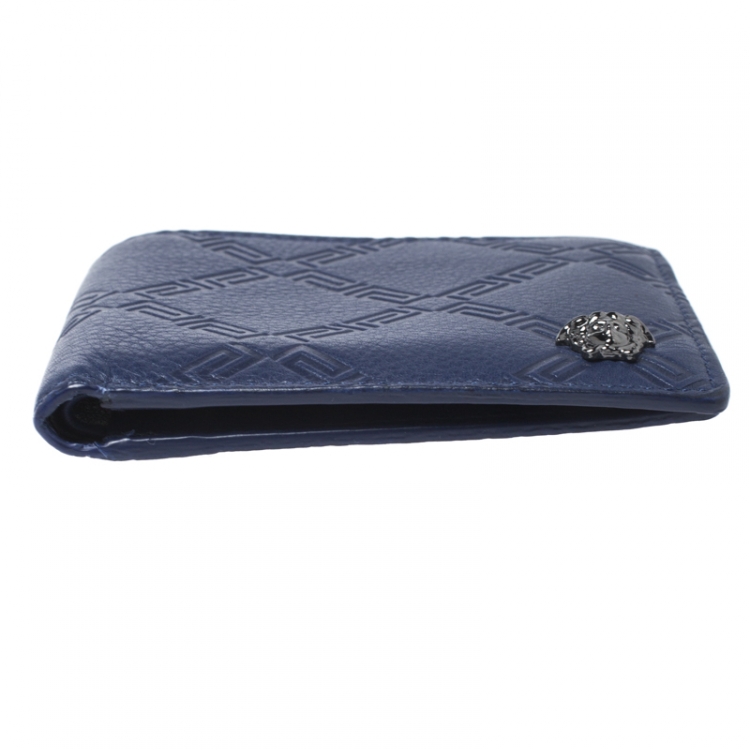 Pre Owned Versace Blue Greca Embossed Leather Bifold Wallet