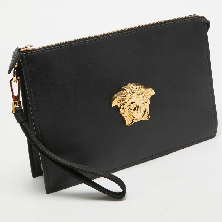 Pre Owned Versace Black Leather Medusa Head Wristlet Clutch