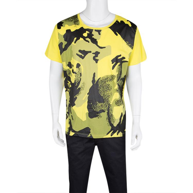 Pre Owned Versace Collection Yellow Camouflage Print Short Sleeve Cotton T-Shirt XXL