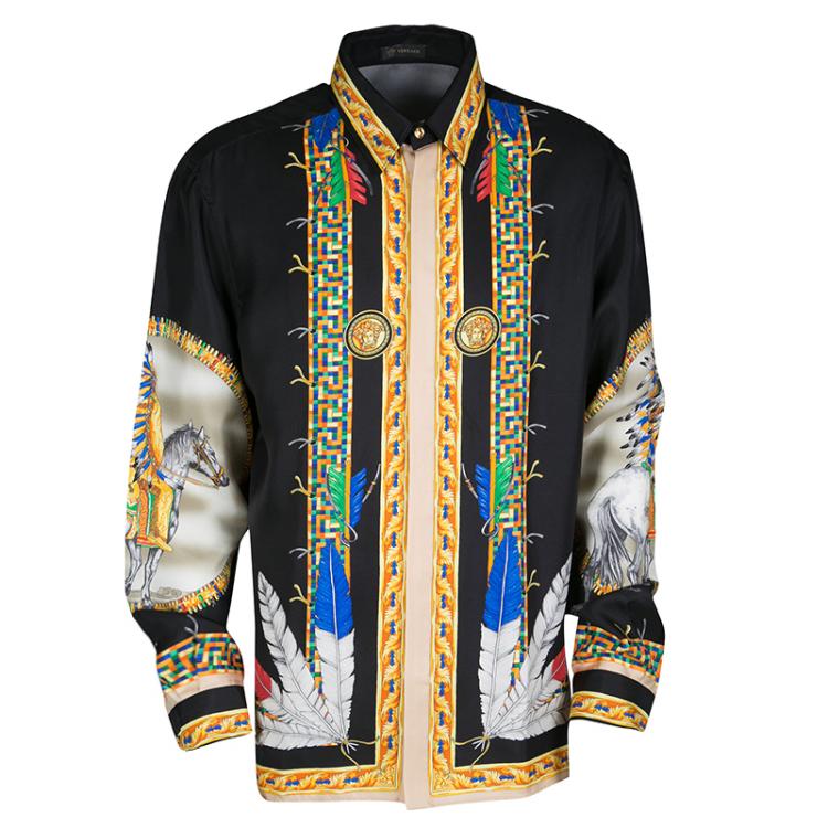 Ter ere van Wijzigingen van dutje Versace Black Native American Printed Silk Long Sleeve Shirt XXL Versace |  TLC