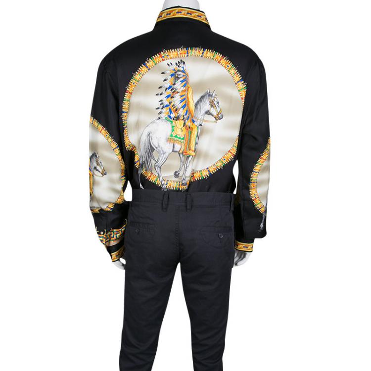 Pre Owned Versace Black Native American Printed Silk Long Sleeve Shirt XXL