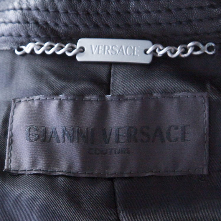 Pre Owned Gianni Versace Couture Black Leather Double Breasted Belted Overcoat XL