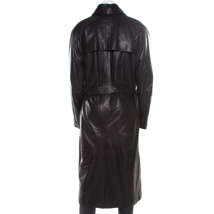 Pre Owned Gianni Versace Couture Black Leather Double Breasted Belted Overcoat XL