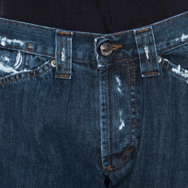 Pre Owned Versace Indigo Washed Denim Distressed Effect Tapered Jeans XL