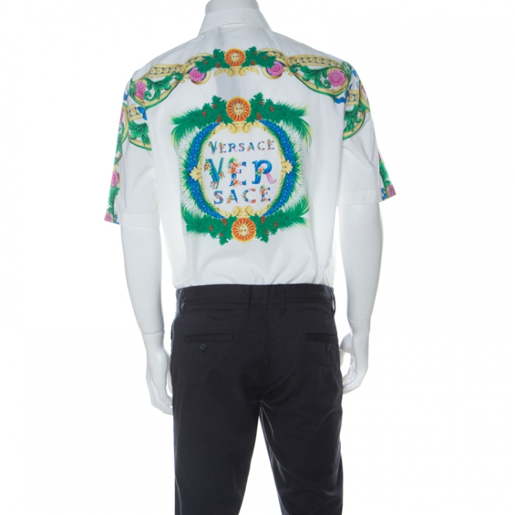 Pre Owned Versace White Cotton Miami Print Short Sleeve Shirt L 
