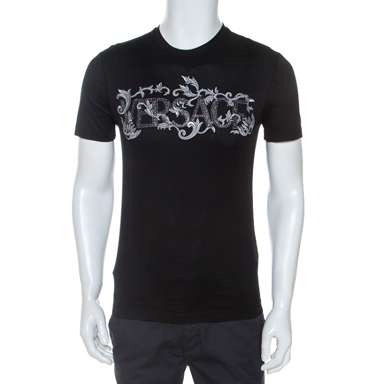 Pre Owned Versace Black Cotton Logo Embroidered And Embellished T-Shirt XS