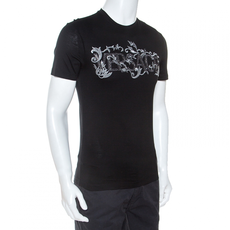 Pre Owned Versace Black Cotton Logo Embroidered And Embellished T-Shirt XS