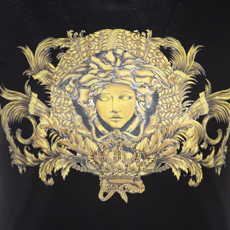 Pre Owned Versace Black Baroque Print Cotton Embellished Short Sleeve T-Shirt S