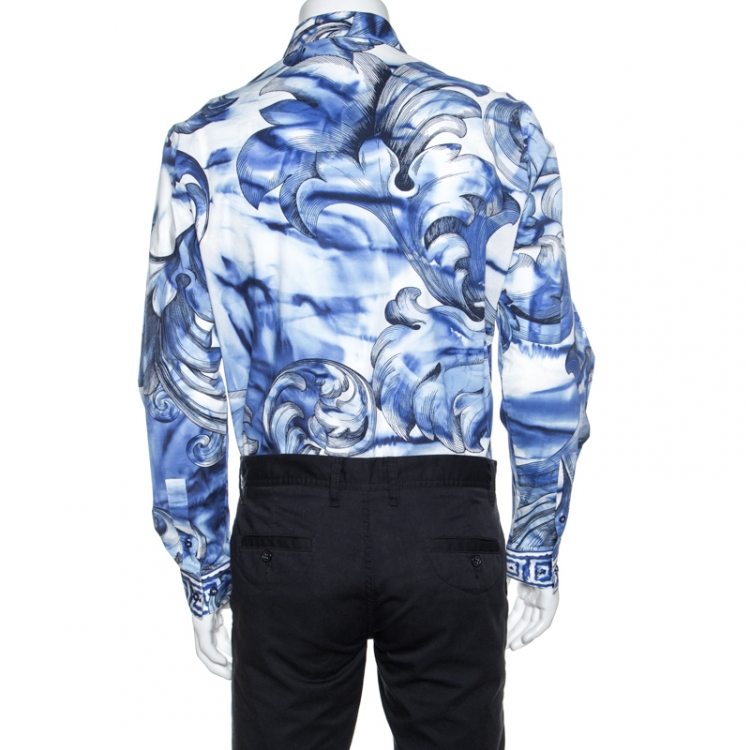 Pre Owned Versace Collection Blue Printed Cotton Button Front Trend Shirt L