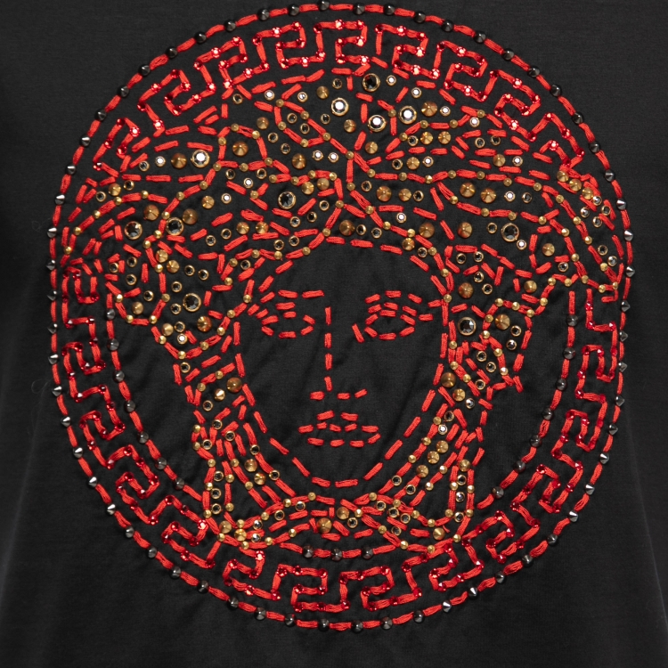 Pre Owned Versace Black Cotton Medusa Embellished Short Sleeve T-Shirt M