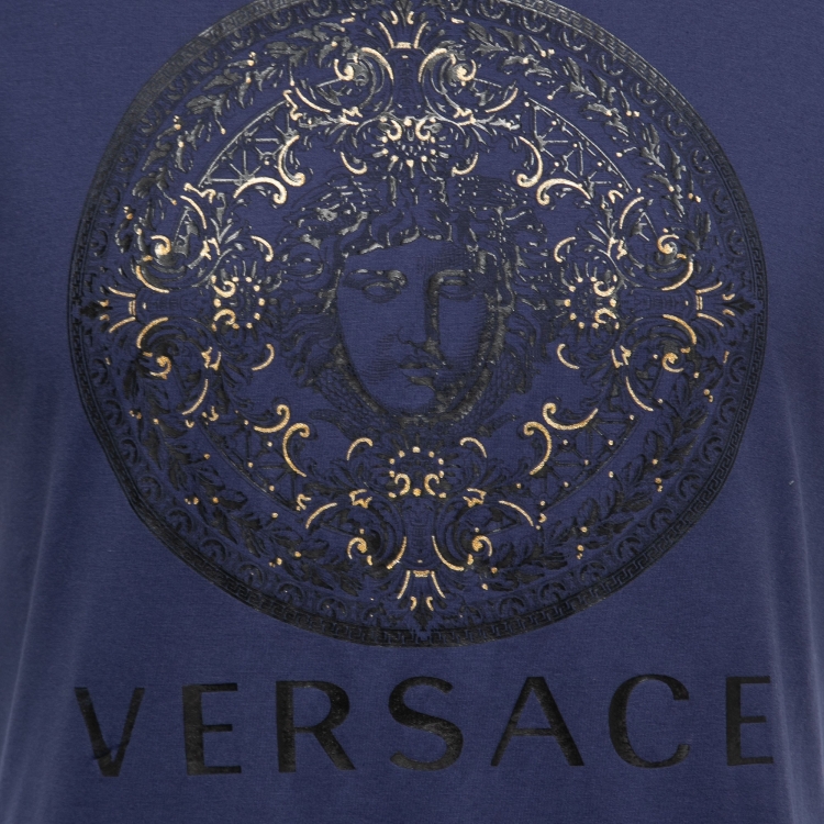 Pre Owned Versace Blue Logo Printed Cotton Short Sleeve T-Shirt S