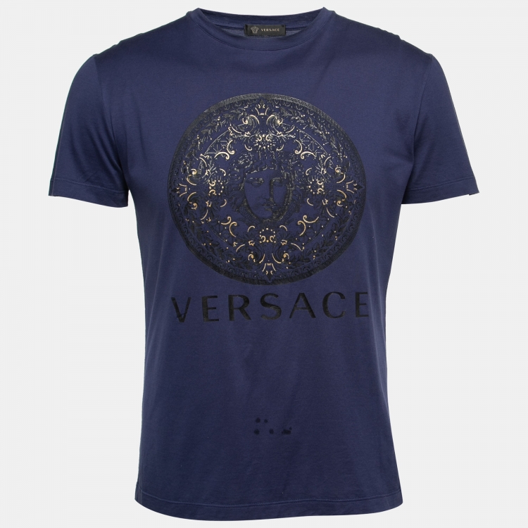 Versace Blue Logo Printed Cotton Short Sleeve T-Shirt S