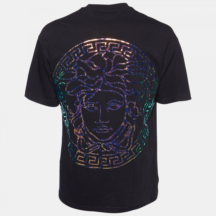 Pre Owned Versace Black Iridescent Medusa Logo Cotton Crew Neck T-Shirt M