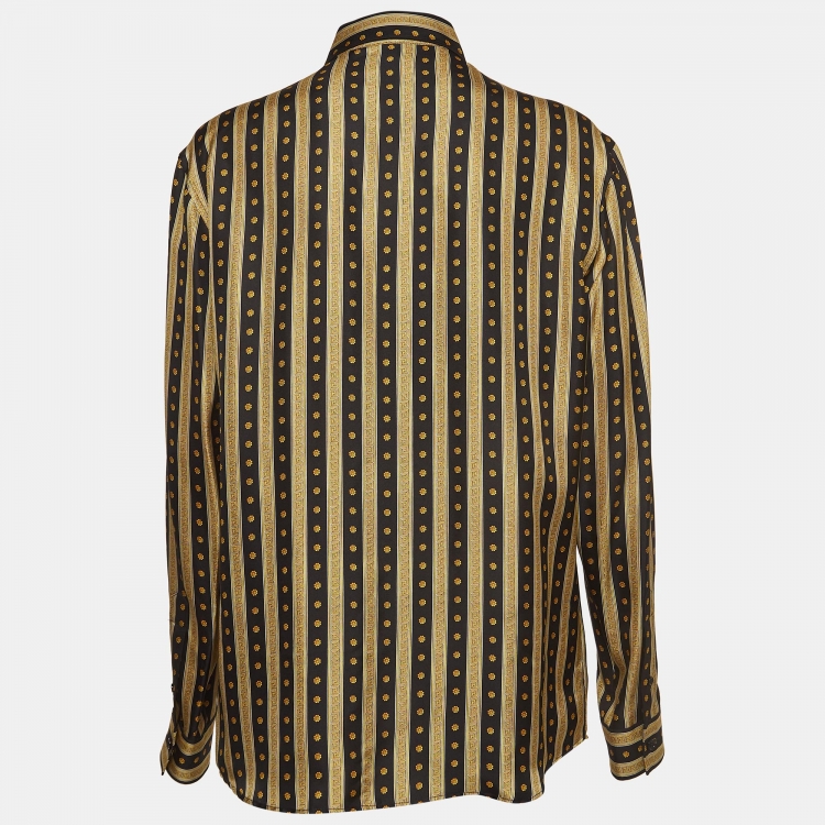 Pre Owned Versace Black & Gold Greca Print Silk Buttoned Up Shirt M