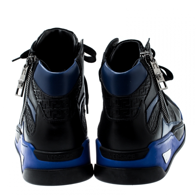 Pre Owned Versace Black/Blue Leather And Suede High Top Sneakers Size 42