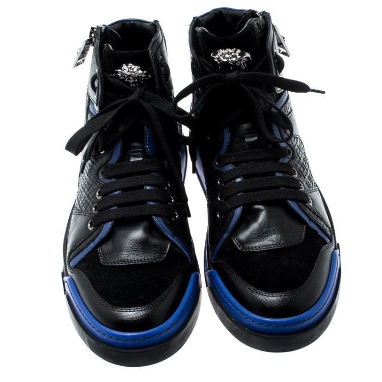 Pre Owned Versace Black/Blue Leather And Suede High Top Sneakers Size 42