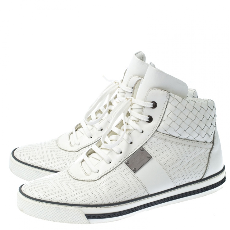 Pre Owned Versace White Woven Leather Lace High Top Sneakers Size 42