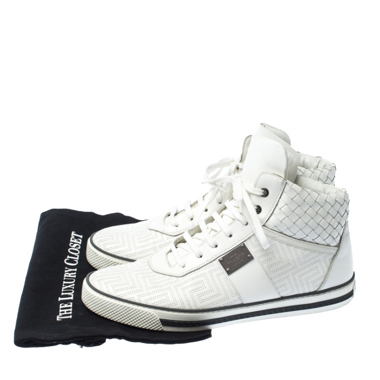Pre Owned Versace White Woven Leather Lace High Top Sneakers Size 42