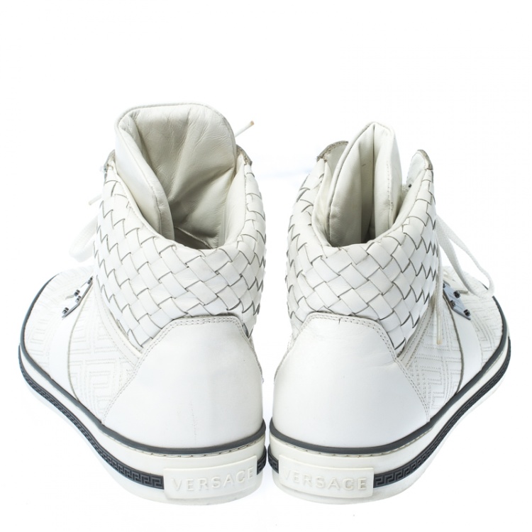 Pre Owned Versace White Woven Leather Lace High Top Sneakers Size 42