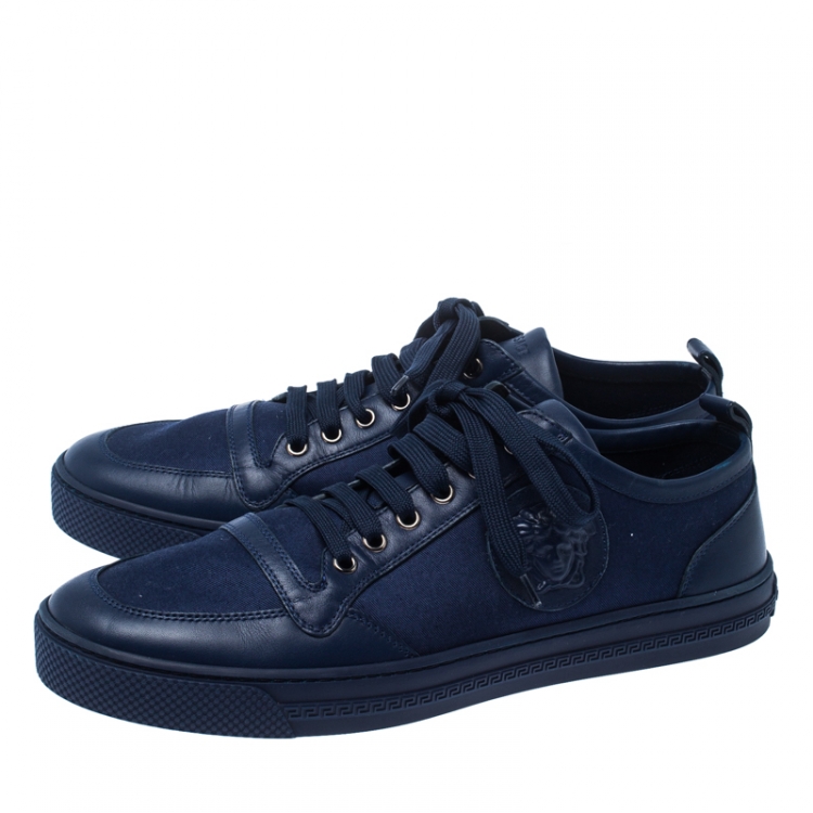 Pre Owned Versace Blue Canvas and Leather Medusa Head Low Top Sneakers Size 43.5