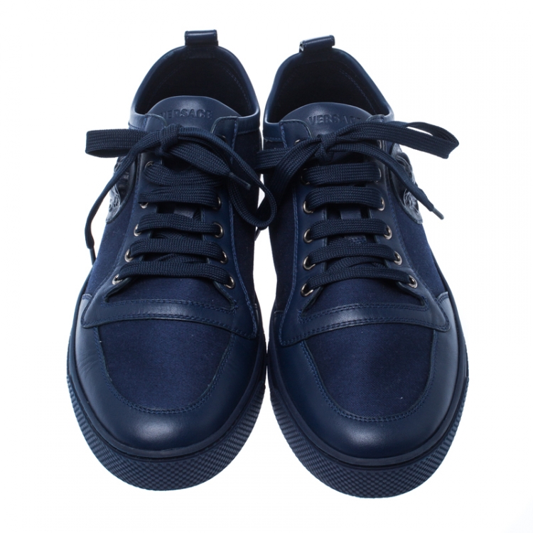 Pre Owned Versace Blue Canvas and Leather Medusa Head Low Top Sneakers Size 43.5