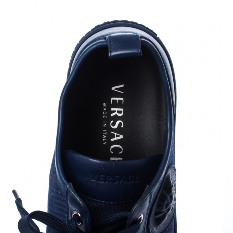 Pre Owned Versace Blue Canvas and Leather Medusa Head Low Top Sneakers Size 43.5